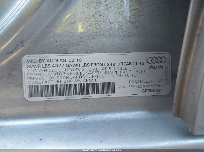 2010 Audi A4 2.0T Premium VIN: WAUFFAFL5AN049860 Lot: 43262470
