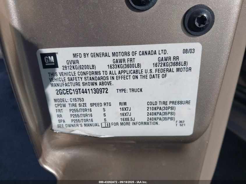 2004 Chevrolet Silverado 1500 Ls VIN: 2GCEC19T441130972 Lot: 43262472