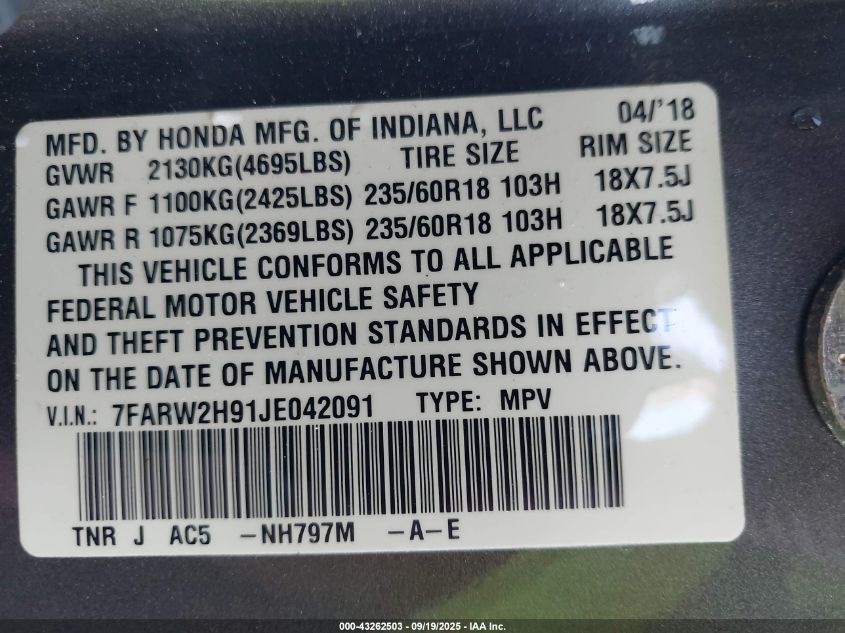 2018 Honda Cr-V Touring VIN: 7FARW2H91JE042091 Lot: 43262503