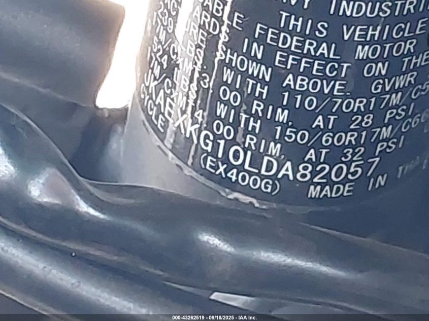 2020 Kawasaki Ex400 VIN: JKAEXKG10LDA82057 Lot: 43262519