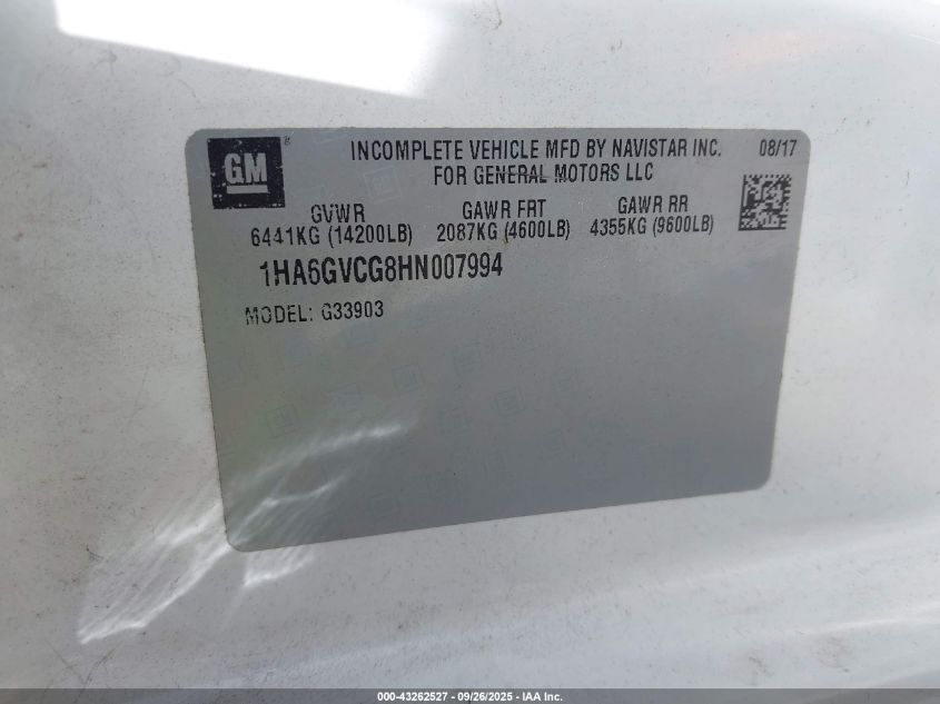 2017 Chevrolet Express Cutaway 4500 Series VIN: 1HA6GVCG8HN007994 Lot: 43262527