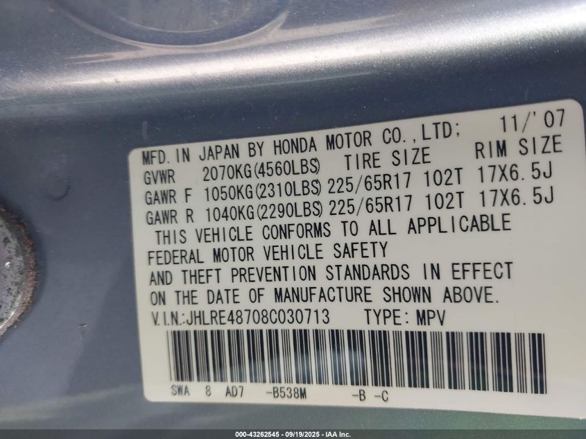 2008 Honda Cr-V Exl VIN: JHLRE48708CD30713 Lot: 43262545
