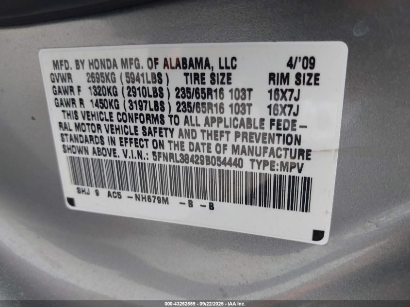 2009 Honda Odyssey Ex VIN: 5FNRL38429B054440 Lot: 43262559