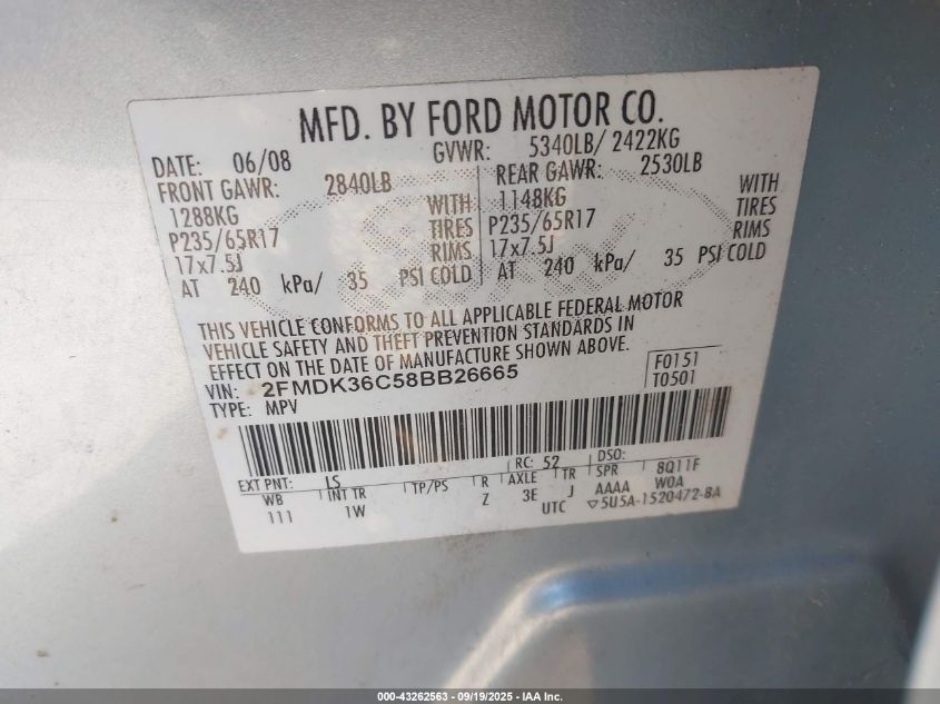 2008 Ford Edge Se VIN: 2FMDK36C58BB26665 Lot: 43262563
