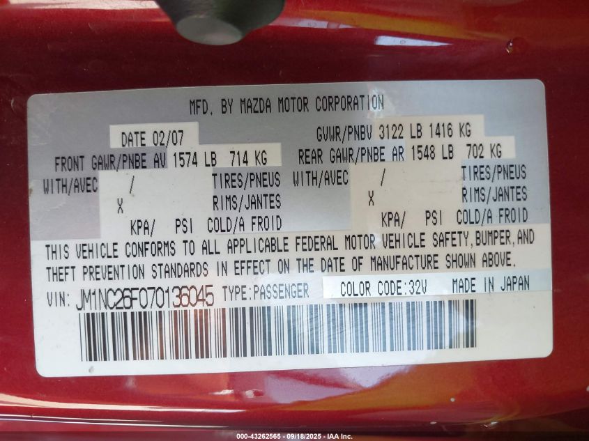 2007 Mazda Mx-5 Grand Touring VIN: JM1NC26F070136045 Lot: 43262565
