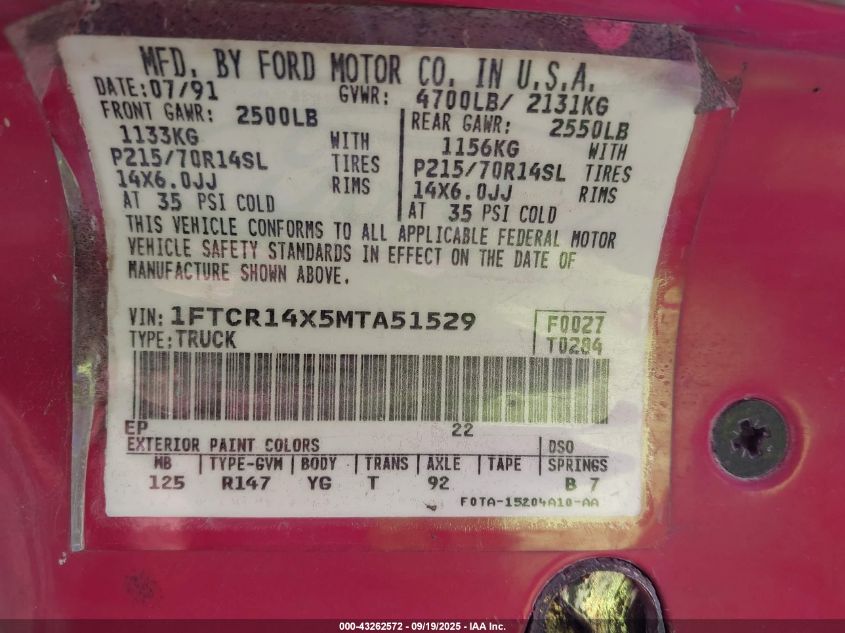 1991 Ford Ranger Super Cab VIN: 1FTCR14X5MTA51529 Lot: 43262572