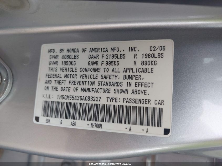 2006 Honda Accord 2.4 Lx VIN: 1HGCM55436A083227 Lot: 43262590