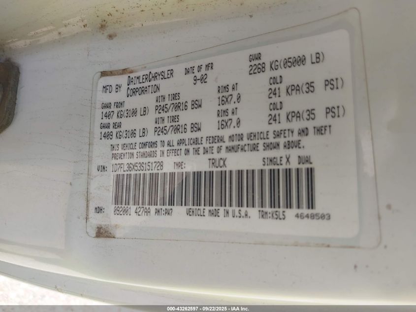 2003 Dodge Dakota Sport VIN: 1D7FL36X53S151728 Lot: 43262597