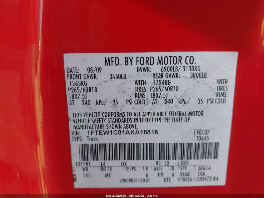 2010 Ford F-150 Xlt VIN: 1FTEW1C81AKA18816 Lot: 43262622