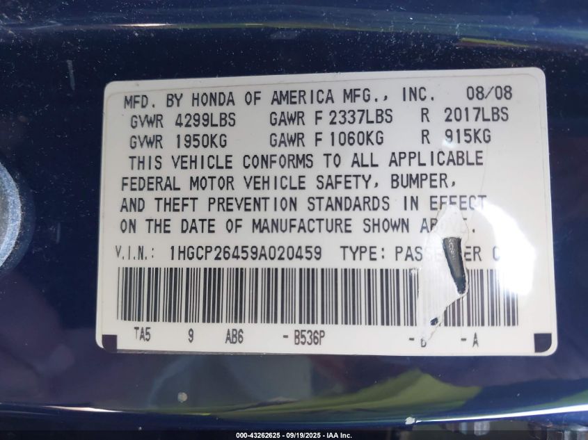 2009 Honda Accord 2.4 Lx-P VIN: 1HGCP26459A020459 Lot: 43262625