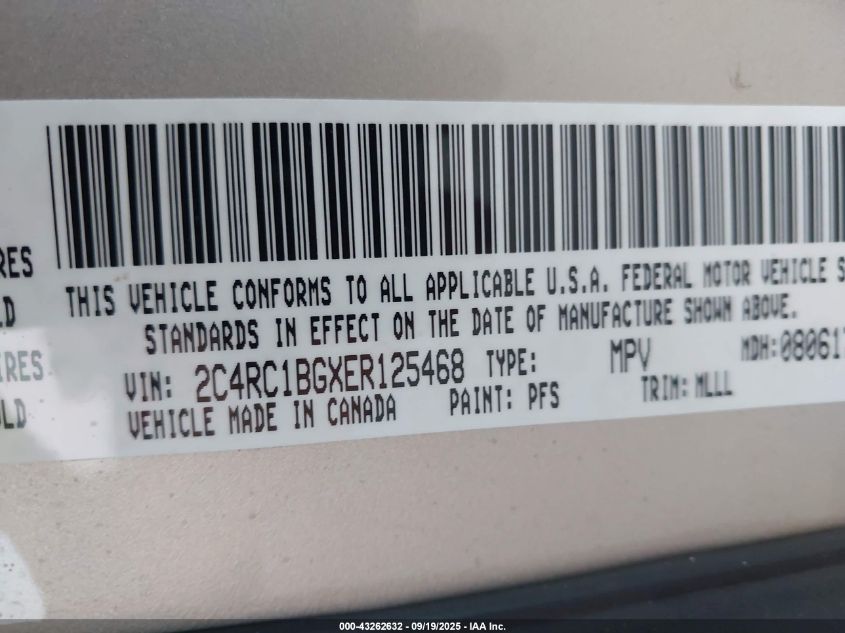 2014 Chrysler Town & Country Touring VIN: 2C4RC1BGXER125468 Lot: 43262632