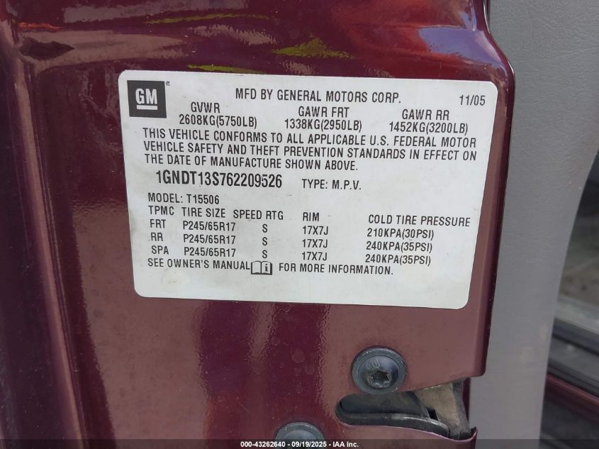 2006 Chevrolet Trailblazer Lt VIN: 1GNDT13S762209526 Lot: 43262640