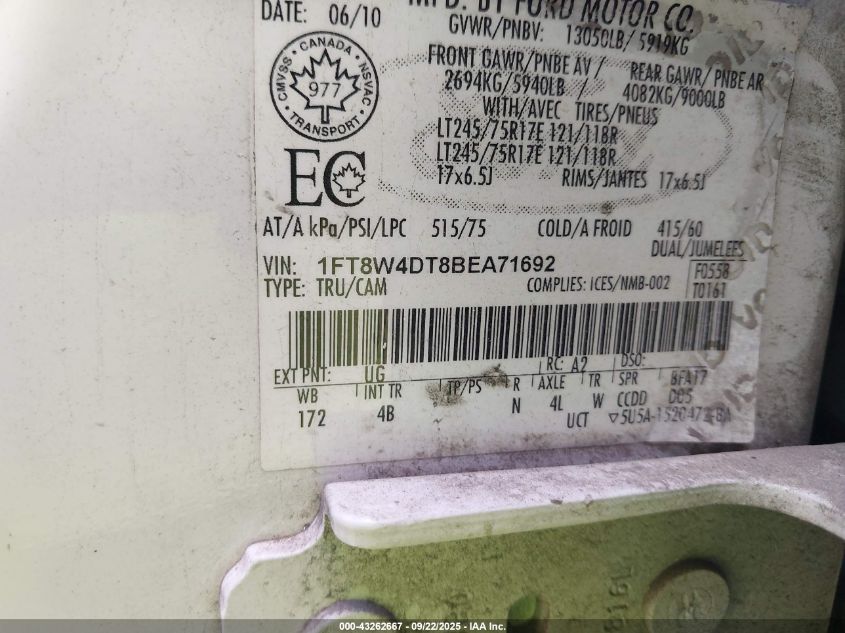 2011 Ford F-450 Lariat VIN: 1FT8W4DT8BEA71692 Lot: 43262667