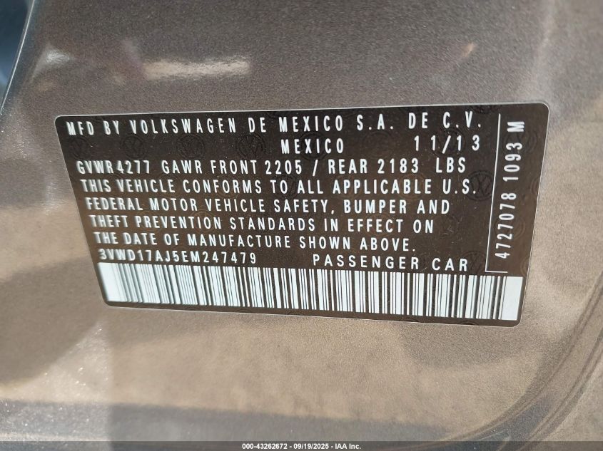 2014 Volkswagen Jetta 1.8T Se VIN: 3VWD17AJ5EM247479 Lot: 43262672