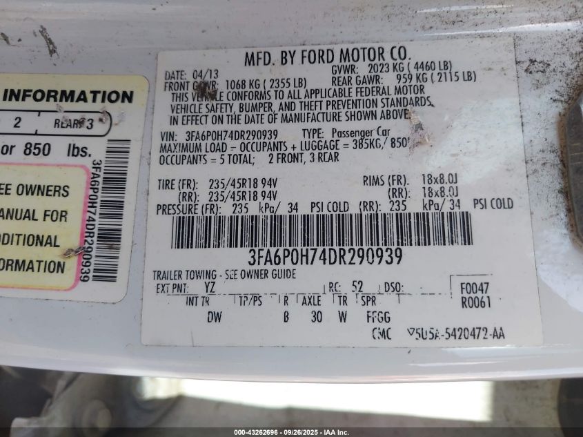 2013 Ford Fusion Se VIN: 3FA6P0H74DR290939 Lot: 43262696