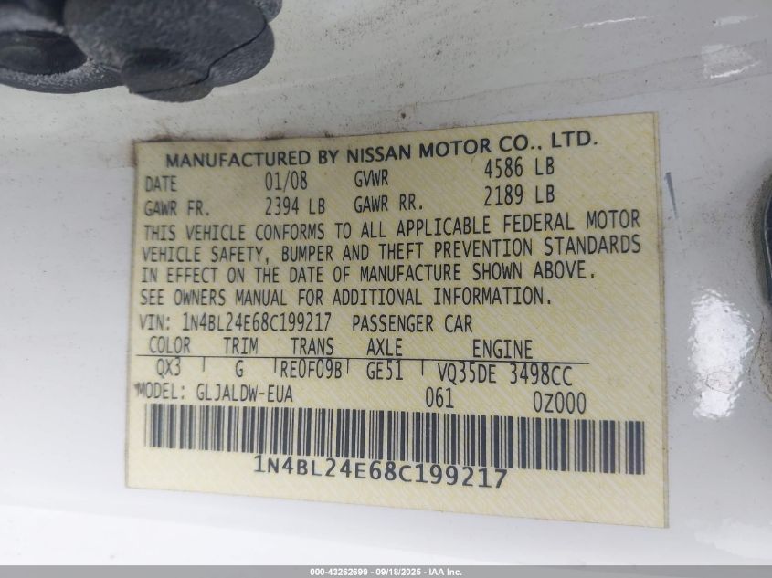 2008 Nissan Altima 3.5 Se VIN: 1N4BL24E68C199217 Lot: 43262699