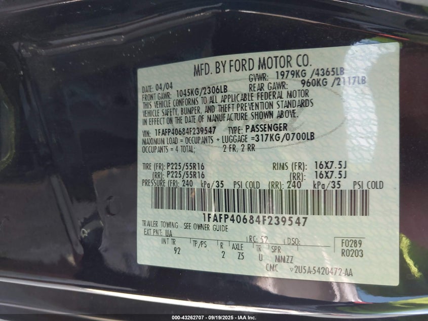 2004 Ford Mustang VIN: 1FAFP40684F239547 Lot: 43262707