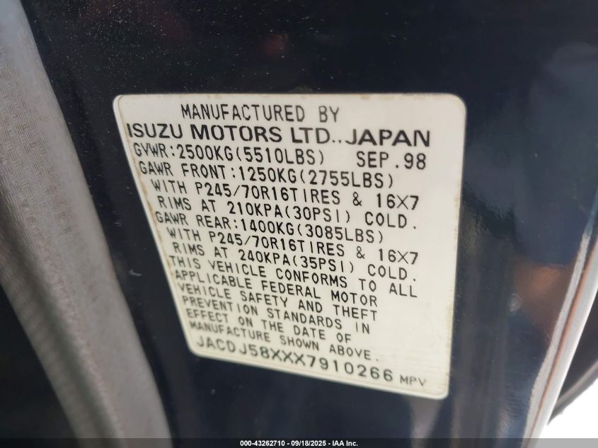 1999 Isuzu Trooper S VIN: JACDJ58XXX7910266 Lot: 43262710