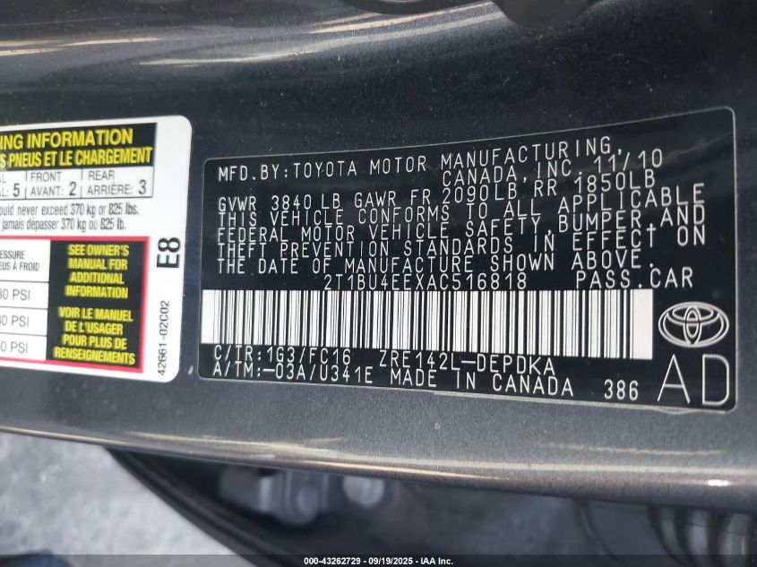 2010 Toyota Corolla Le VIN: 2T1BU4EEXAC516818 Lot: 43262729