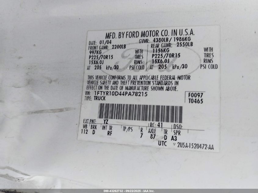 2004 Ford Ranger Xl/Xlt VIN: 1FTYR10D44PA78215 Lot: 43262732
