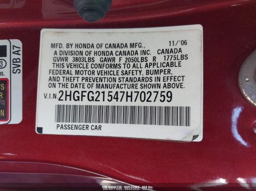 2007 Honda Civic Si VIN: 2HGFG21547H702759 Lot: 43262736