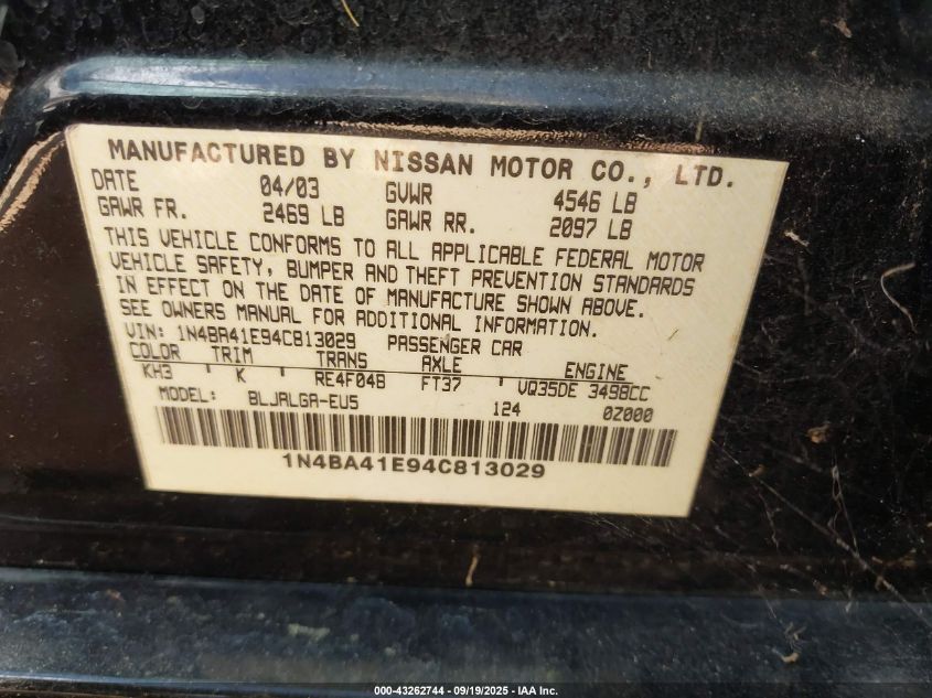 2004 Nissan Maxima 3.5 Sl VIN: 1N4BA41E94C813029 Lot: 43262744