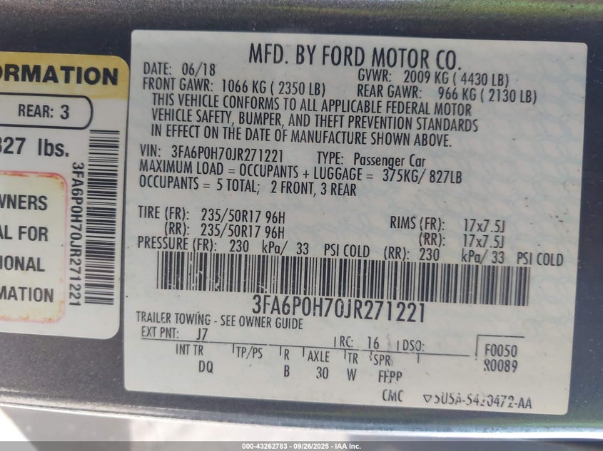 2018 Ford Fusion Se VIN: 3FA6P0H70JR271221 Lot: 43262783