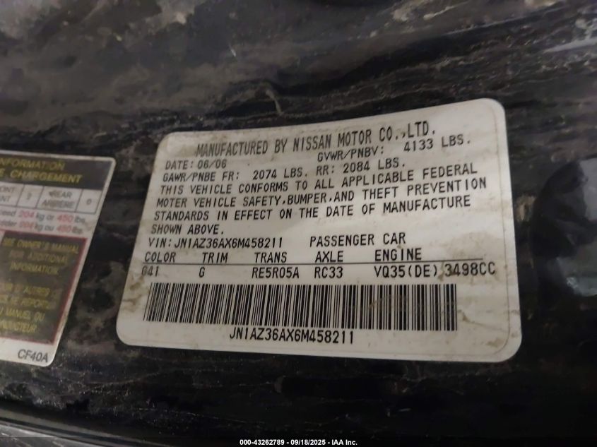 2006 Nissan 350Z Touring VIN: JN1AZ36AX6M458211 Lot: 43262789
