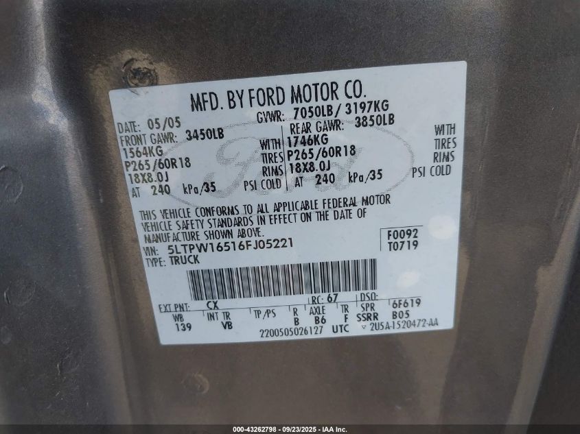 2006 Lincoln Mark Lt VIN: 5LTPW16516FJ05221 Lot: 43262798