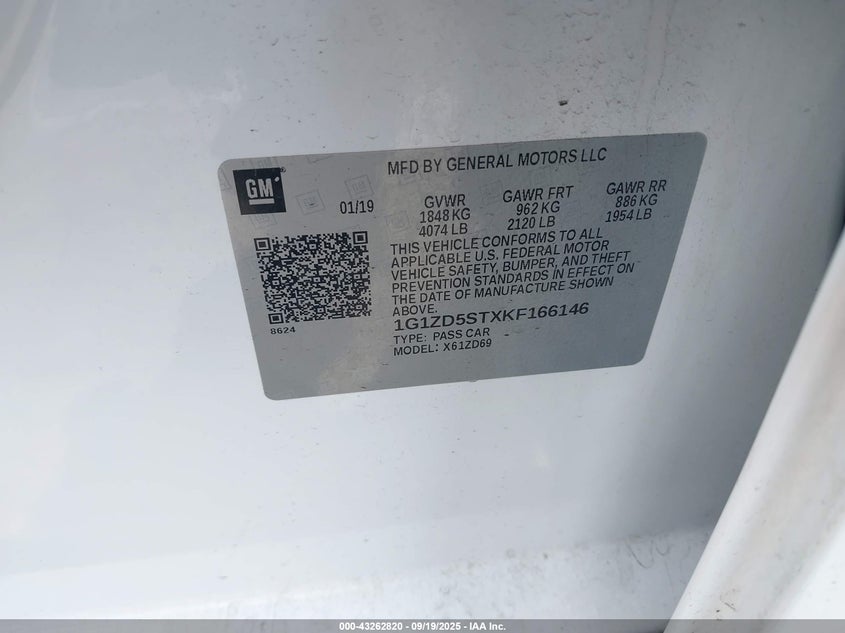 2019 Chevrolet Malibu Lt VIN: 1G1ZD5STXKF166146 Lot: 43262820