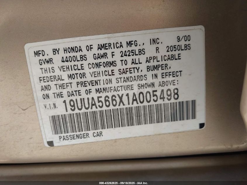 2001 Acura Tl 3.2 VIN: 19UUA566X1A005498 Lot: 43262825