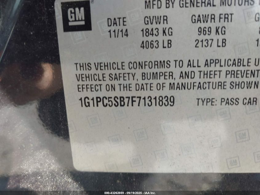 2015 Chevrolet Cruze 1Lt Auto VIN: 1G1PC5SB7F7131839 Lot: 43262859