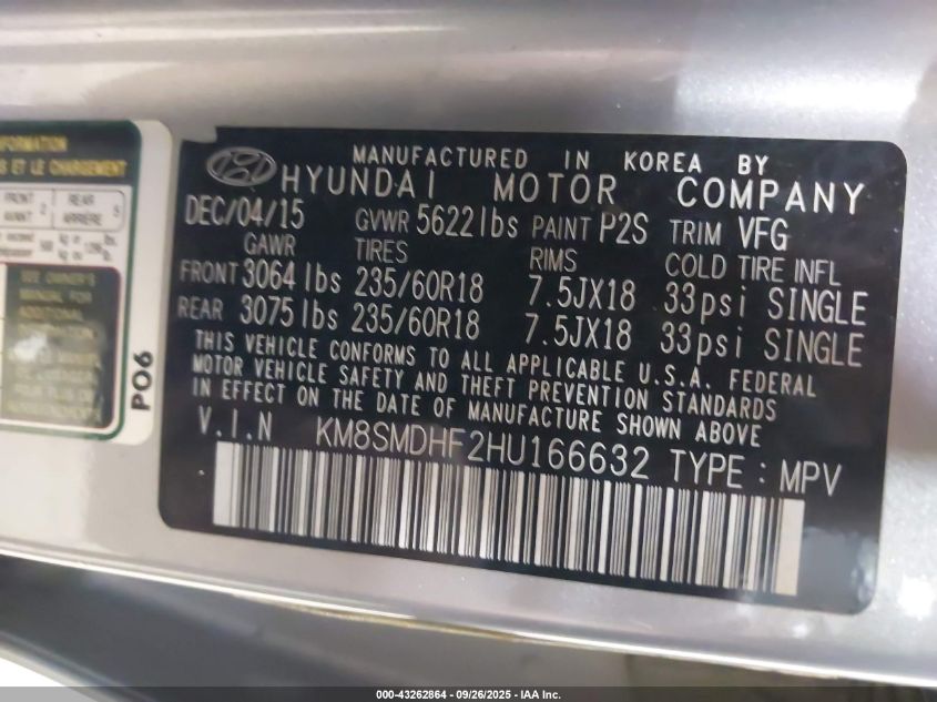 2017 Hyundai Santa Fe Se VIN: KM8SMDHF2HU166632 Lot: 43262864