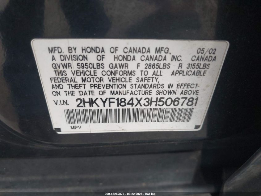 2003 Honda Pilot Ex VIN: 2HKYF184X3H506781 Lot: 43262873