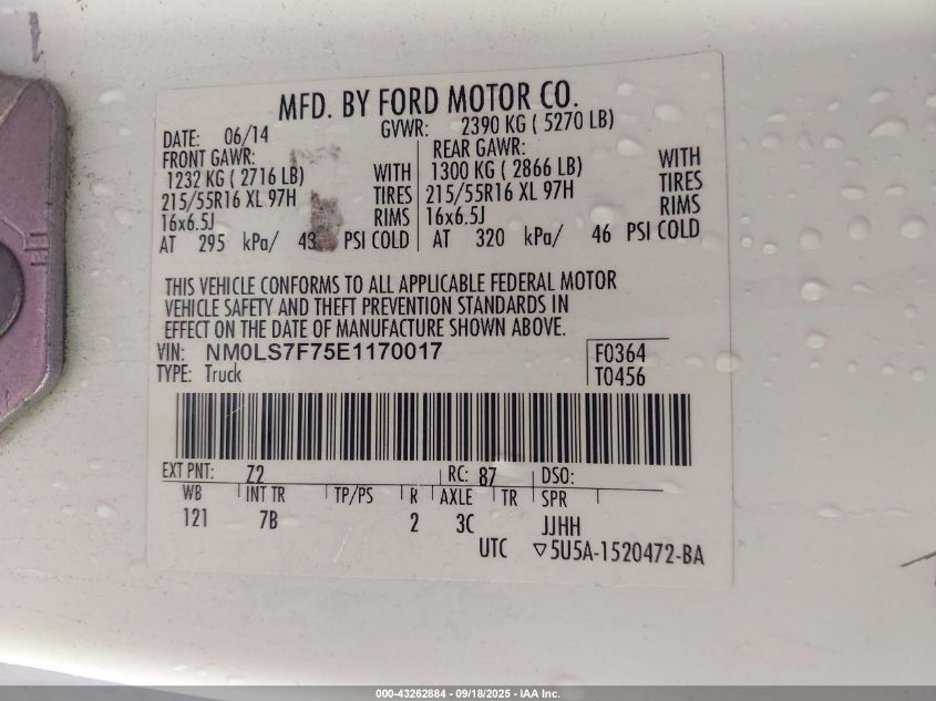 2014 Ford Transit Connect Xlt VIN: NM0LS7F75E1170017 Lot: 43262884