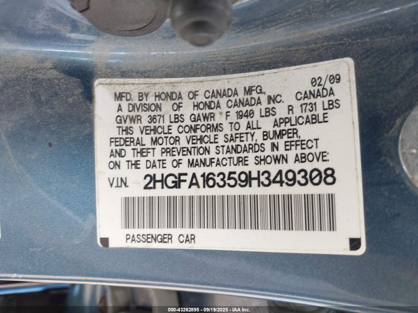 2009 Honda Civic Vp VIN: 2HGFA16359H349308 Lot: 43262895