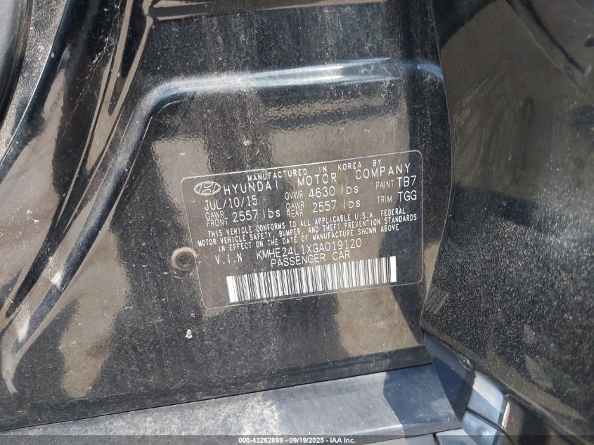 2016 Hyundai Sonata Hybrid Se VIN: KMHE24L1XGA019120 Lot: 43262899