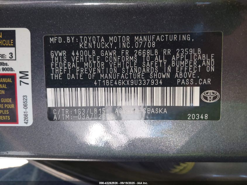 2009 Toyota Camry Se VIN: 4T1BE46KX9U337934 Lot: 43262926