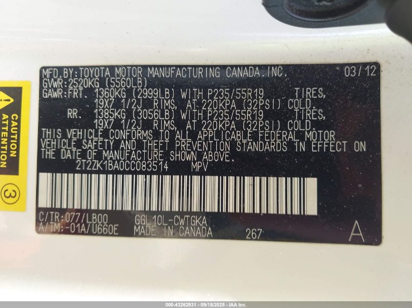 2012 Lexus Rx 350 VIN: 2T2ZK1BA0CC083514 Lot: 43262931