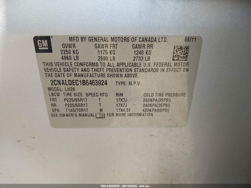 2011 Chevrolet Equinox 1Lt VIN: 2CNALDEC1B6463924 Lot: 43262938