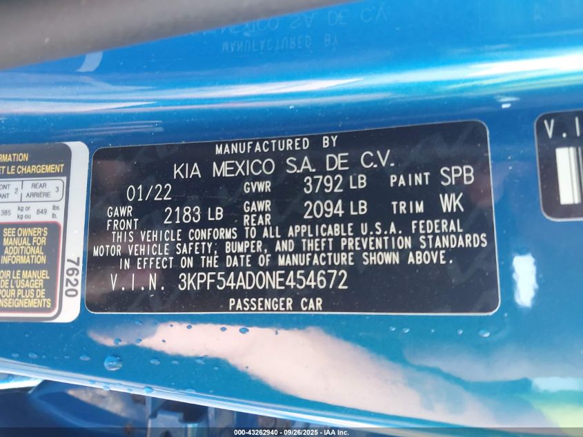 2022 Kia Forte Gt-Line VIN: 3KPF54AD0NE454672 Lot: 43262940