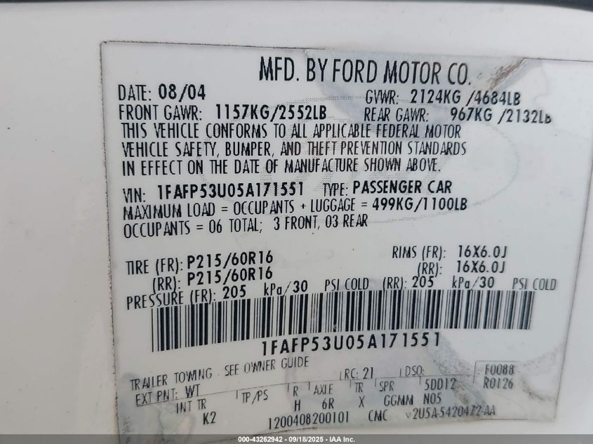 2005 Ford Taurus Se VIN: 1FAFP53U05A171551 Lot: 43262942