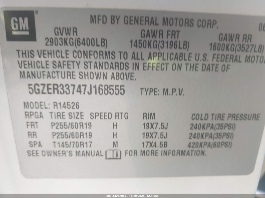 2007 Saturn Outlook Xr VIN: 5GZER33747J168555 Lot: 43262943