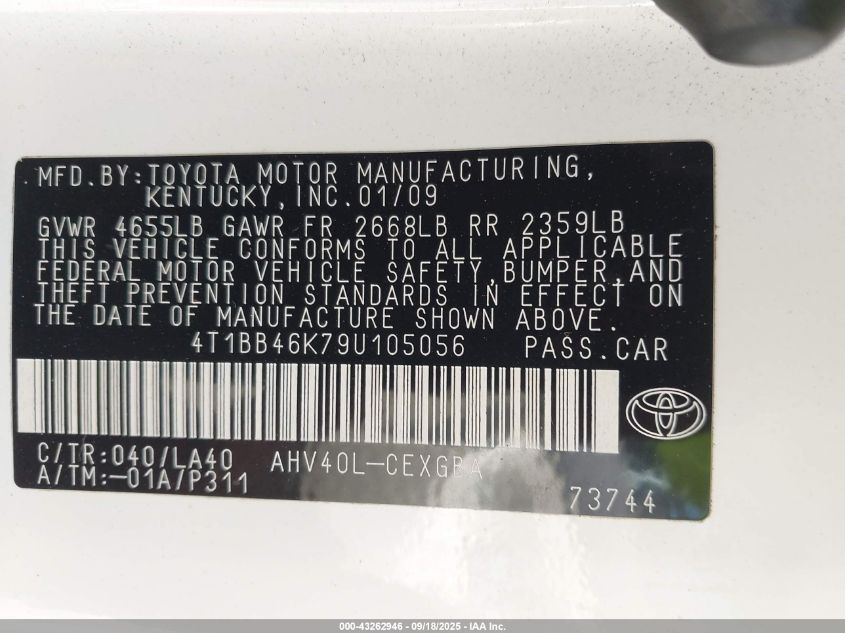 2009 Toyota Camry Hybrid VIN: 4T1BB46K79U105056 Lot: 43262946
