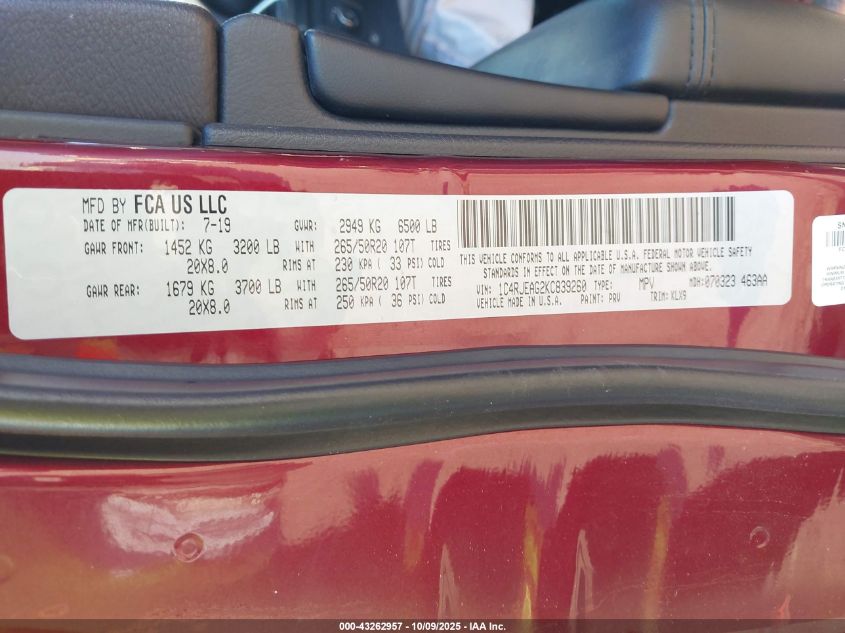 2019 Jeep Grand Cherokee Altitude 4X2 VIN: 1C4RJEAG2KC839260 Lot: 43262957