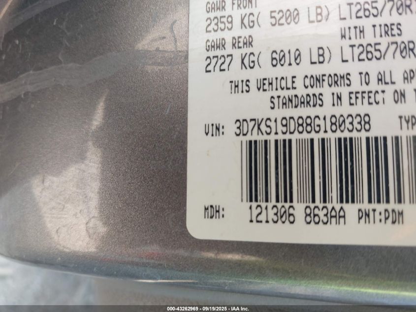 2008 Dodge Ram 1500 Sxt/Slt VIN: 3D7KS19D88G180338 Lot: 43262969