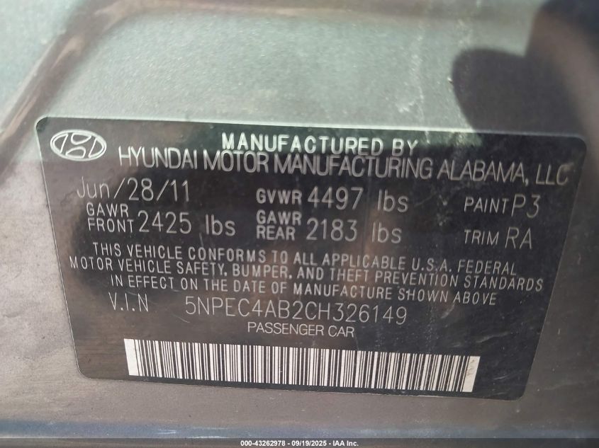 2012 Hyundai Sonata Se 2.0T VIN: 5NPEC4AB2CH326149 Lot: 43262978
