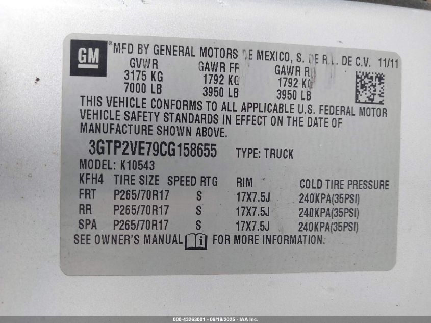 2012 GMC Sierra 1500 Sle VIN: 3GTP2VE79CG158655 Lot: 43263001