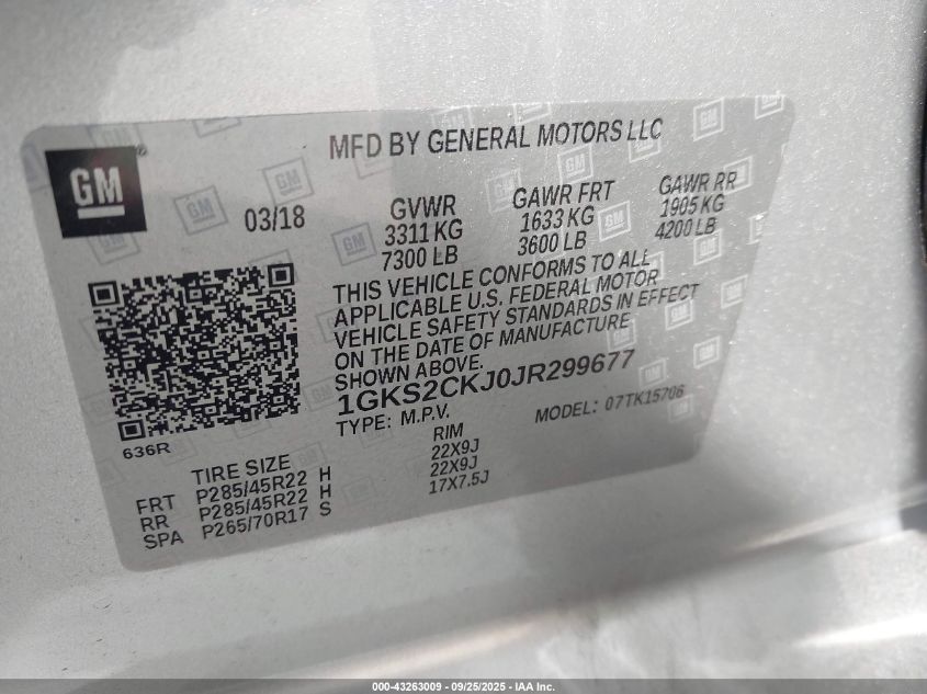 2018 GMC Yukon Denali VIN: 1GKS2CKJ0JR299677 Lot: 43263009