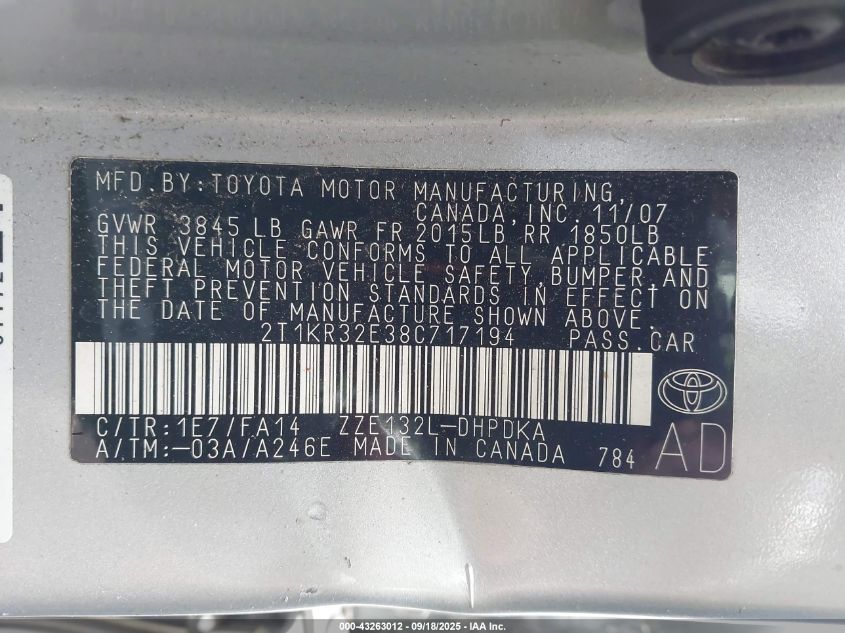 2008 Toyota Matrix VIN: 2T1KR32E38C717194 Lot: 43263012